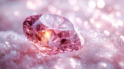 A radiant pink diamond rests on frosted, sparkling snow