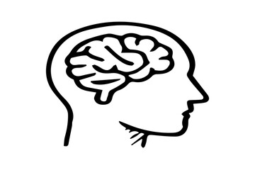 This is a black-and-white line illustration showing a human head in side profile, facing to the right. Inside the head, there is a detailed brain outline, representing thought, intelligence.