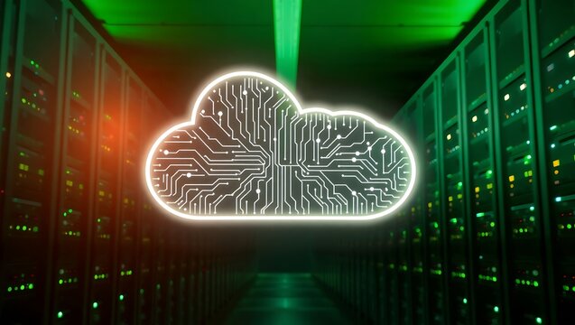 A glowing cloud hovers in a green server room