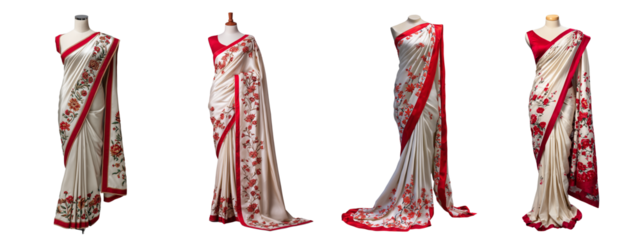 Set of an off-white sari with a red border and floral print on the sides, isolated on a transparent background.