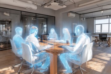 Office scene depicts employee alone in holographic meeting. Tech influence. Digital age leaves young people feeling isolated and emotionally lost. Digital loneliness. Happiness study.