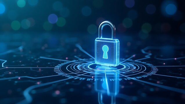 A glowing padlock hovers over a circuit board