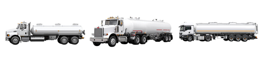Set of a white industrial truck with a large tank for oil or fuel, isolated on a transparent background.