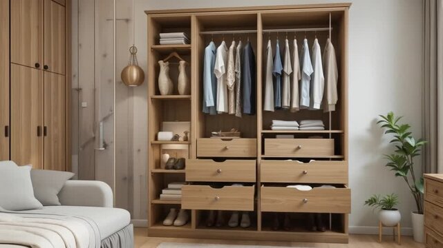 Wooden wardrobe with tiered design, compact home interior storage. Wardrobe with clothes, drawers, shoes, shelves. 4k video
