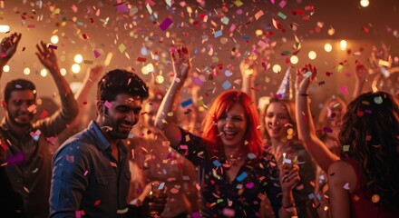 A shower of colorful confetti and glitter frozen mid-air, falling over a blurred background of people dancing and laughing at a birthday party.

