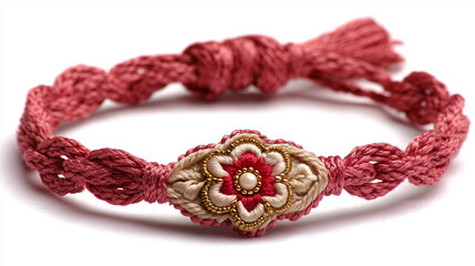 A beautifully crafted red braided rakhi featuring an intricate floral design with a pearl centerpiece. The detailed embroidery adds elegance and charm.
