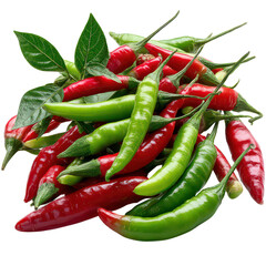 A vibrant pile of freshly picked red and green chili peppers rests against a stark white background, highlighting the natural beauty and color of the spicy produce.