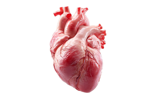A detailed anatomical rendering showcases a human heart against a stark black backdrop, emphasizing its intricate structure and cardiovascular system, silhouette, transparent background - Powered by Adobe
