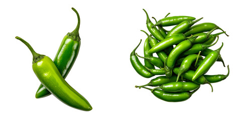 Set of green chili peppers, isolated on a transparent background.