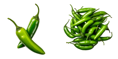 Set of green chili peppers, isolated on a transparent background.