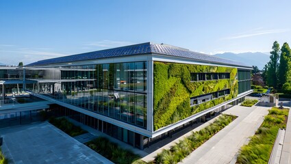 Modern office building with a living green wall and solar panels on the roof