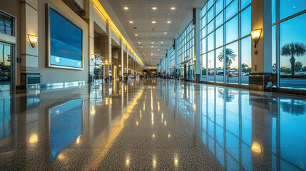 clean and modern airport interior highlights large billboard proclaiming Flying is Overrated Try Our Teleportation Service Bright lighting enhances environment as passengers move through