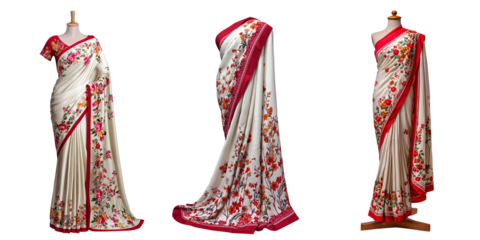Set of an off-white sari with a red border and floral print on the sides, isolated on a transparent background.
