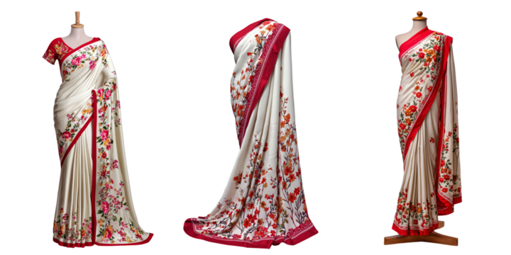 Set of an off-white sari with a red border and floral print on the sides, isolated on a transparent background.