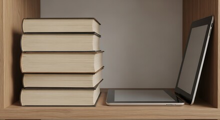 Traditional books and a modern tablet rest side-by-side on a wooden shelf, representing contrasting methods of information access.