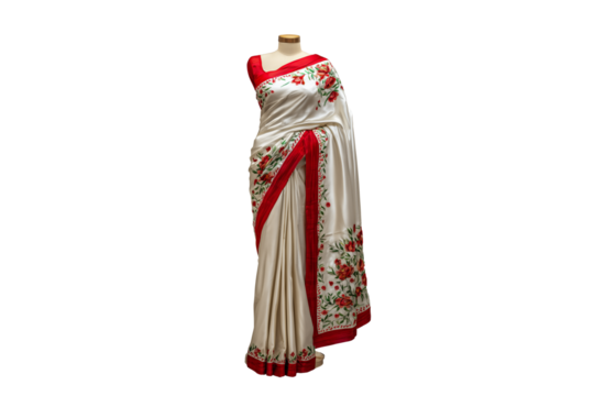 An off-white sari with a red border and floral print on the sides, isolated on a transparent background.
