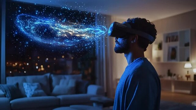 A person is deeply engaged in an extended reality environment, connected to a luminous digital realm.