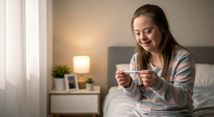 Young woman with Down syndrome smiling while looking at pregnancy test