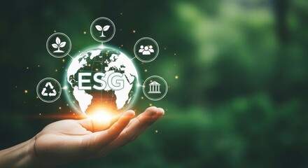Fototapeta premium Environmental Social Governance Concept Hand Holding Globe with ESG Icons Against a Green Background