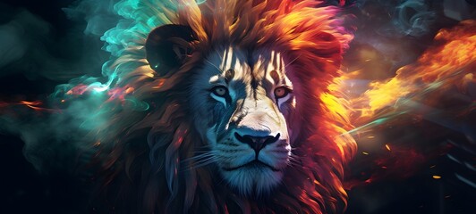 a light lion , coming out of the smoke,ai generative