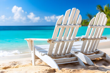 Two weathered white wooden beach chairs facing turquoise sea on a sunny tropical sandy beach
