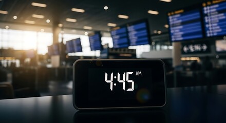 Early morning airport departure; digital clock displays 4:45 AM, flight information boards blurred in background.
