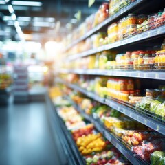 Grocery aisle shelves full of various produce and packaged goods
