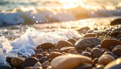 Golden waves lapping at a pebble beach