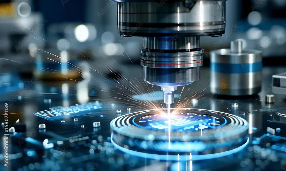 Poster a close-up of an advanced laboratory machine with blue laser lights shining on the surface, creating