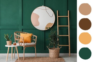Interior of stylish room with mirror, armchair and table. Different color patterns