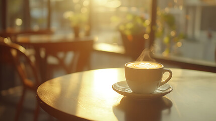 Warm Morning Steaming Coffee at Cafe Table