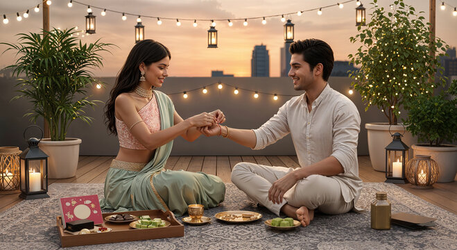Serene Raksha Bandhan Ritual Between Siblings Under Open Sky and Warm Lights