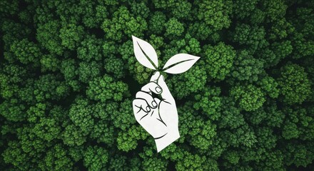 Hand holding a sprout against a forest canopy symbolizing environmental protection and sustainable growth initiatives