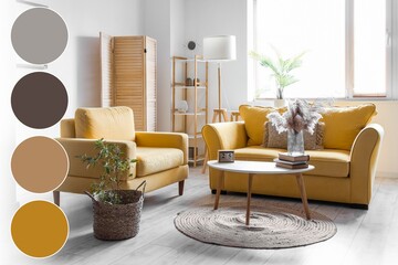 Interior of living room with sofa, armchair and folding screen. Different color patterns