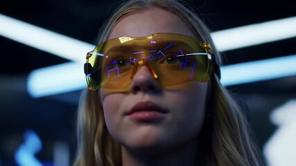 Close Up of a Blond Woman in Futuristic Yellow Digital Glasses on a Technology Theme And Modern Fashion
