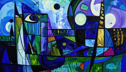 Abstract artwork depicting a stylized eye, geometric shapes, and celestial bodies in vibrant blues.