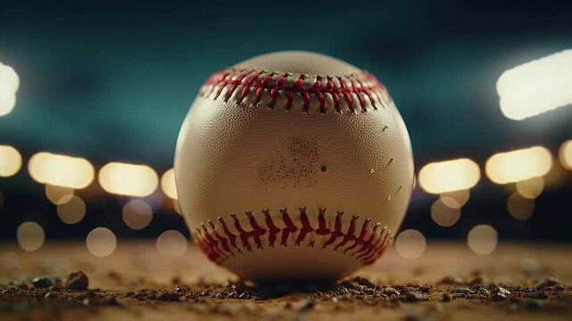 Close Up of a Baseball with Red Seams on a Dirt Field Under Bright Stadium Lights