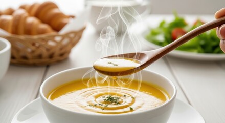 Steaming Pumpkin Soup Served with Croissants and Salad, Wooden Spoon
