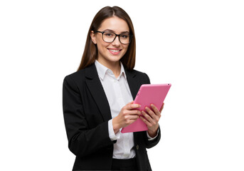 Portrait of a Smiling Young Businesswoman Wearing a Black Blazer and Holding a Tablet with Both Hands – Isolated on White Background, Suitable for Marketing or Business Use (PNG File)