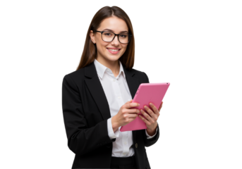 Portrait of a Smiling Young Businesswoman Wearing a Black Blazer and Holding a Tablet with Both Hands – Isolated on White Background, Suitable for Marketing or Business Use (PNG File)