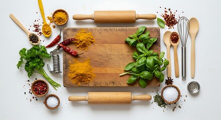 Overhead View of Culinary Ingredients and Tools Arranged for Cooking Preparation.