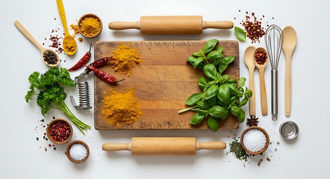 Overhead View of Culinary Ingredients and Tools Arranged for Cooking Preparation.