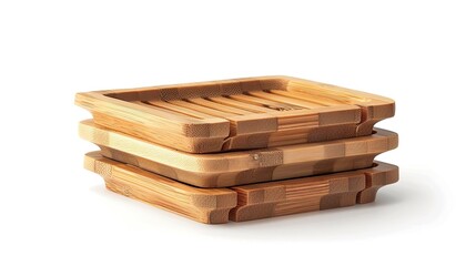 Stack of elegant handmade bamboo soap dishes on a clean white background
