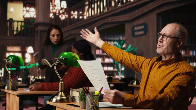 Elderly actor in a library focusing on script reading and memorization, preparing for a classic drama play with dedication and passion for theatre performance. Dramatic arts. Camera A.