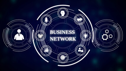 Obraz premium Abstract Business Network Graphic Dark Blue Background White Circular Icons Teamwork Collaboration Strategy Goals Success