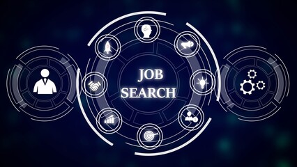 Fototapeta premium Abstract Job Search Concept Dark Blue Background White Icons Circular Design Gears Business Person Handshake Target Lightbulb Rocket Graph