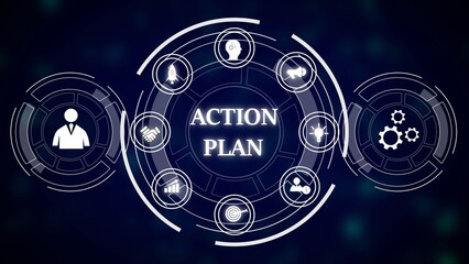 Obraz premium Action Plan Concept Dark Blue Background White Circular Icons Business Strategy Teamwork Goals Success Rocket Teamwork Graph Target Idea Gears Person Handshake