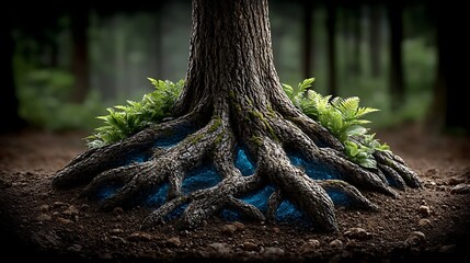 Fototapeta premium Conceptual image of tree roots forming network connections beneath the surface, with surface-level plants representing team collaboration. 