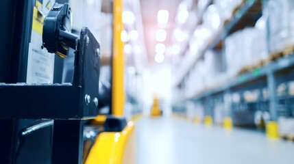 Fototapeta premium A detailed industrial forklift in a spacious warehouse, emphasizing machinery and blurred surroundings. 