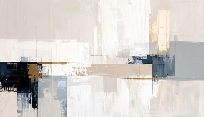 Abstract painting featuring a composition of neutral tones, including white, beige, gray, and black, creating a modern and minimalist artistic expression.